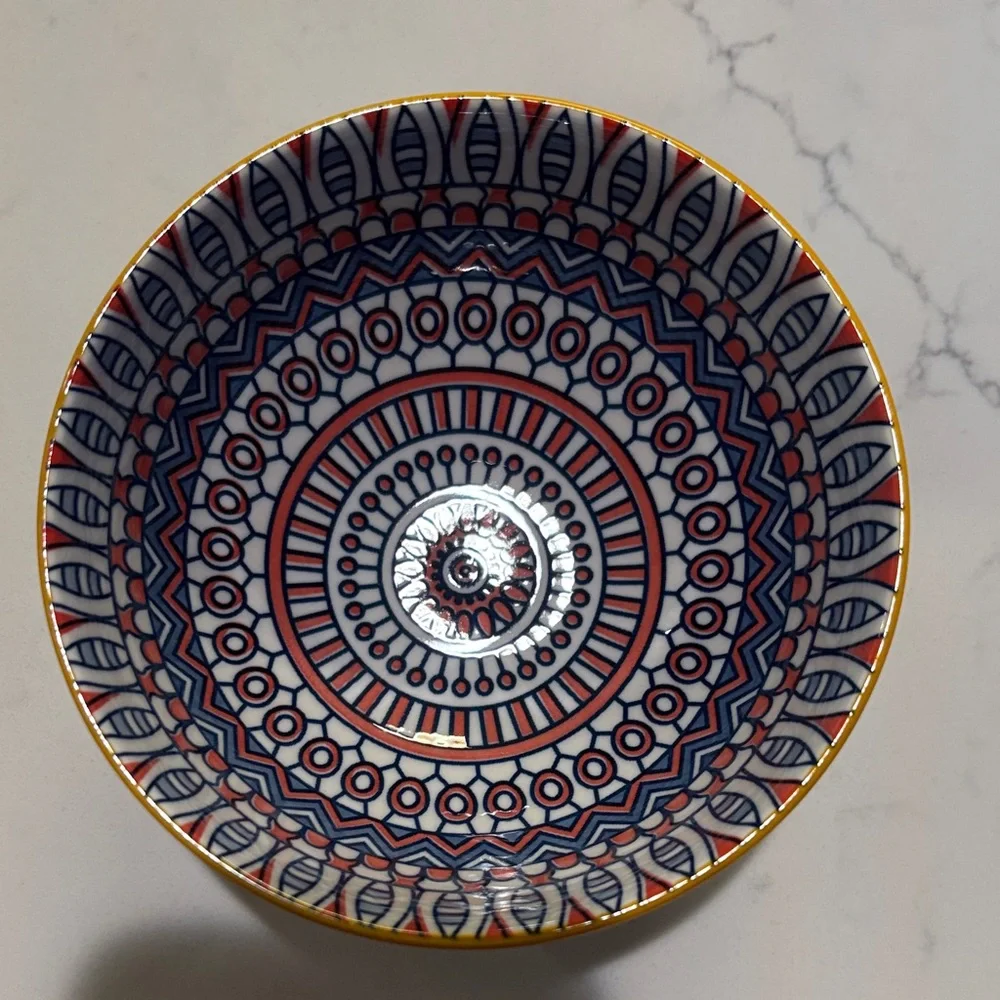 Hand-Painted Mandala Ceramic Bowls - Set with Red, Blue & Orange Designs 3 Bowls - Picture 5 of 6